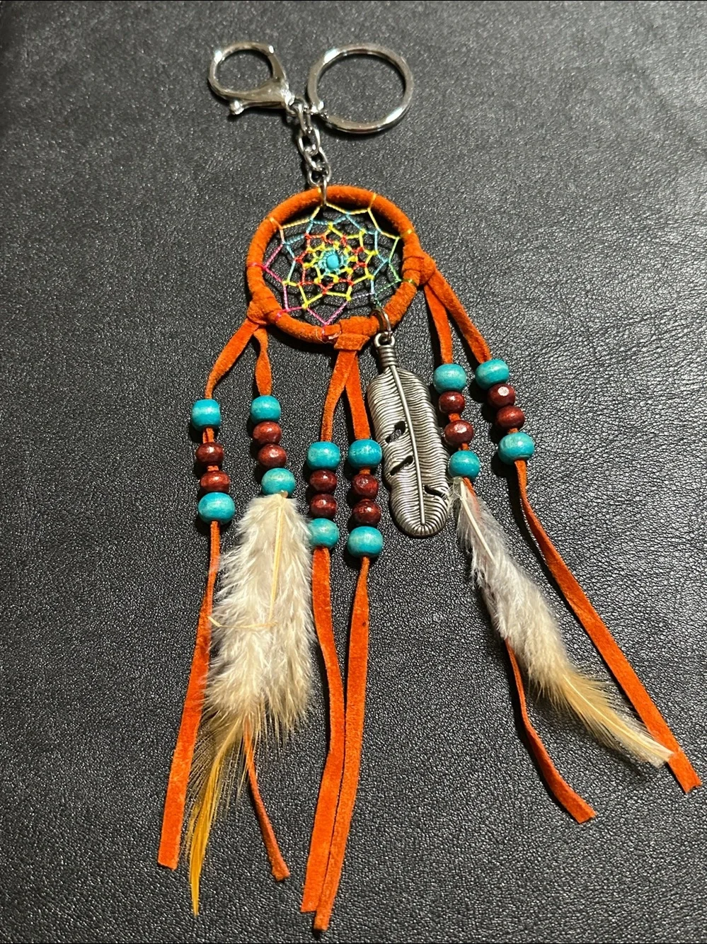 225.  Dream Catcher With Feathers & Wood Beads Key Chain / Bag Charm